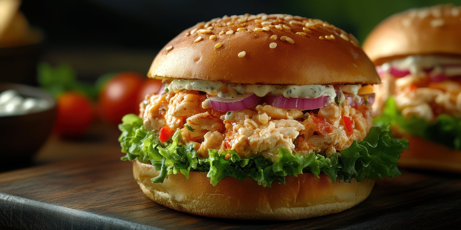 Freshly made salmon sandwich with sesame bun and vegetables garnished at a rustic wooden table